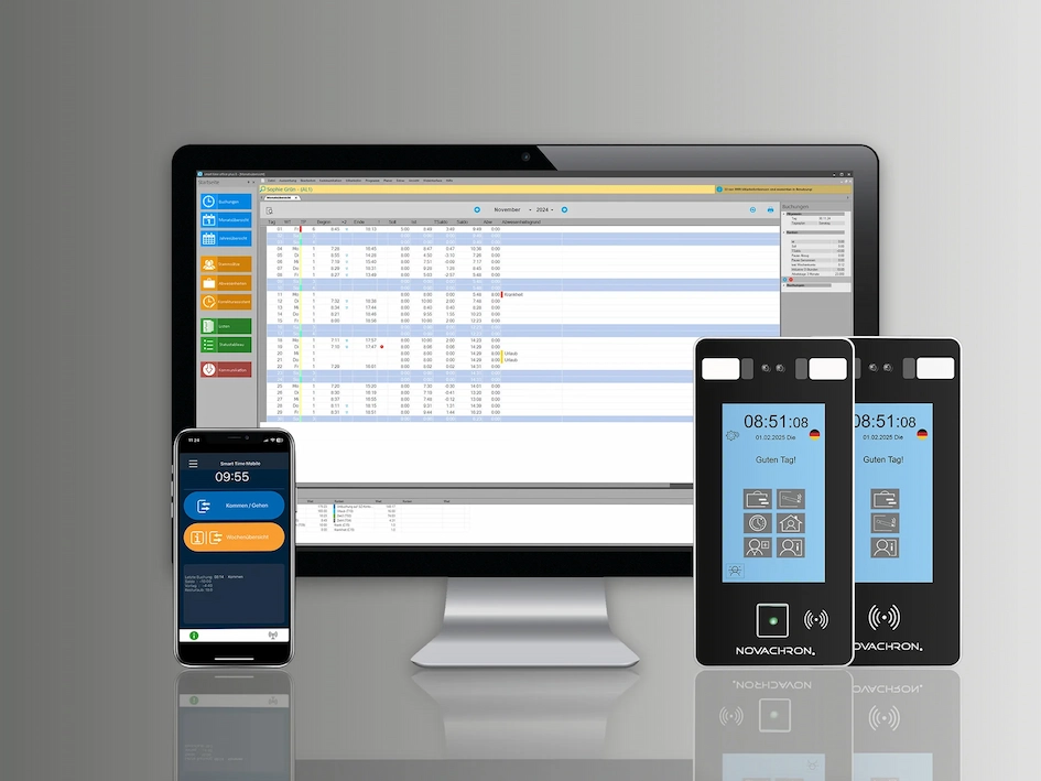 NovaCHRON Zeiterfassungssoftware auf Desktop Monitor mit Smartphone App und Zeiterfassungsterminals zur mobilen und stationären Zeiterfassung.